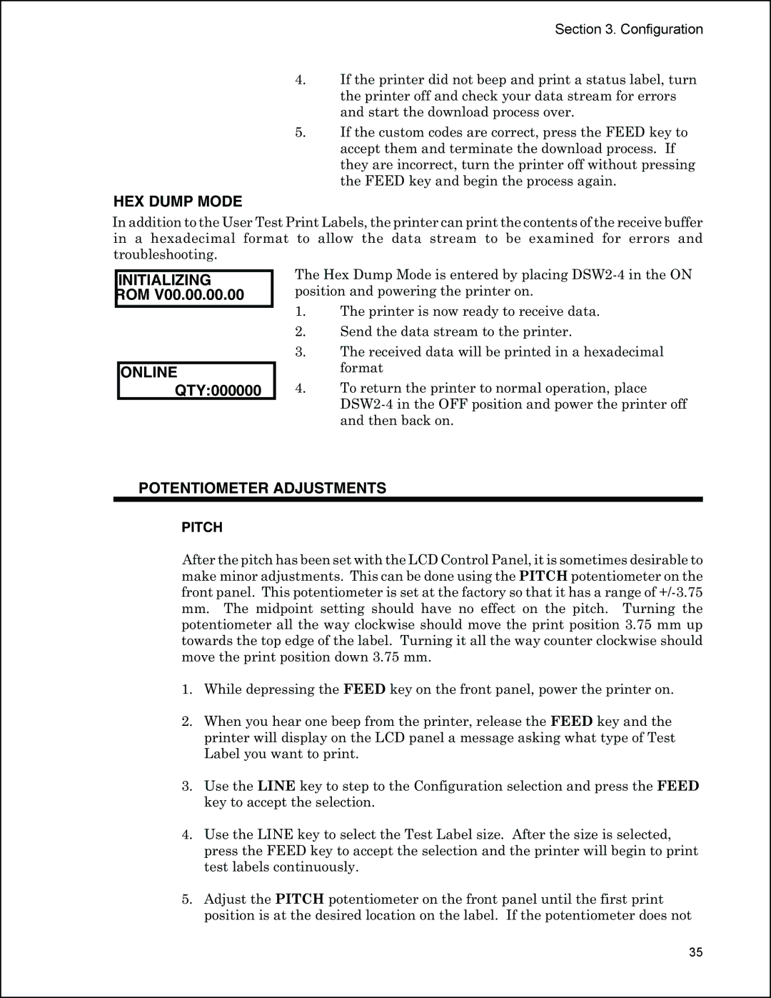 Panduit PTR3E manual HEX Dump Mode, Initializing ROM Online QTY000000, Potentiometer Adjustments, Pitch 