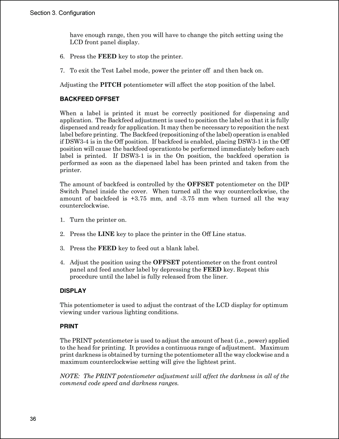 Panduit PTR3E manual Backfeed Offset, Display, Print 