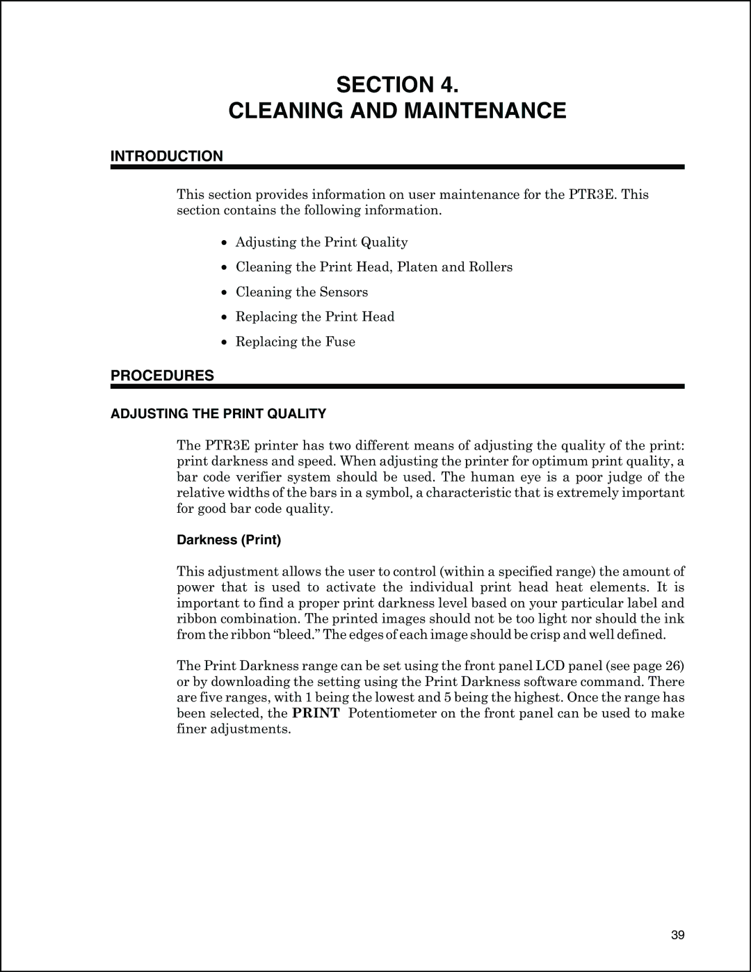 Panduit PTR3E manual Procedures, Adjusting the Print Quality, Darkness Print 