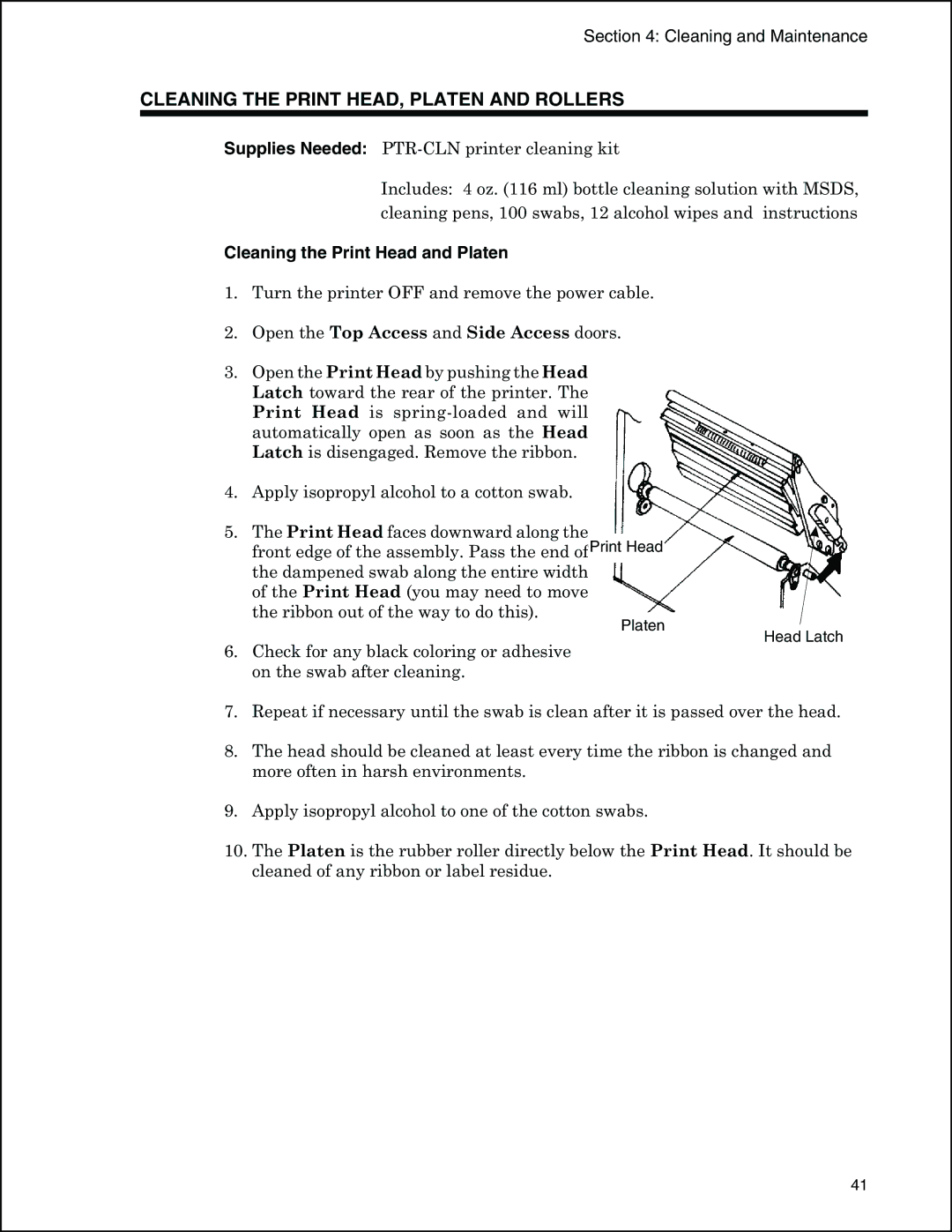 Panduit PTR3E manual Cleaning the Print HEAD, Platen and Rollers, Cleaning the Print Head and Platen 