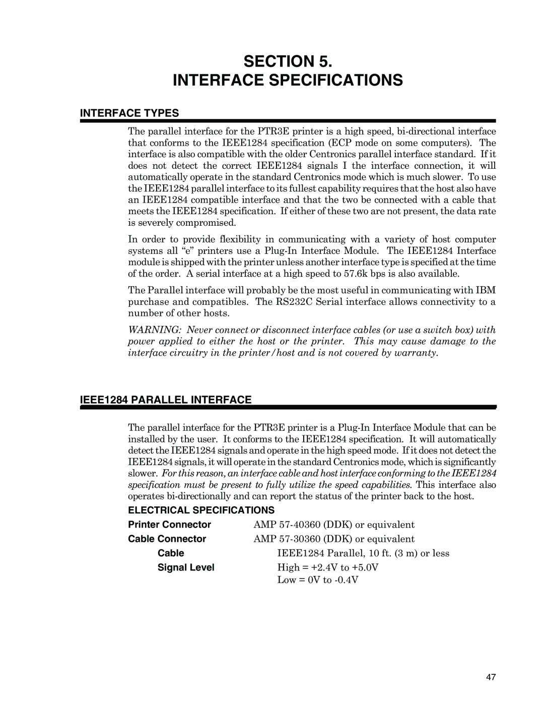 Panduit PTR3E manual Interface Types, IEEE1284 Parallel Interface, Electrical Specifications 