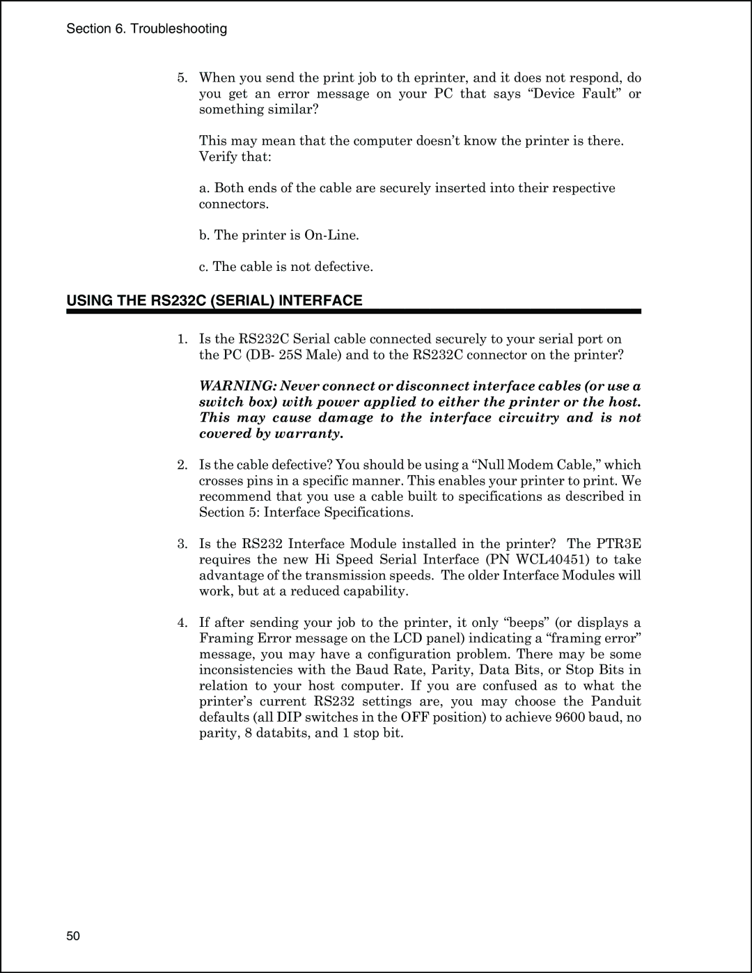 Panduit PTR3E manual Using the RS232C Serial Interface, Troubleshooting 