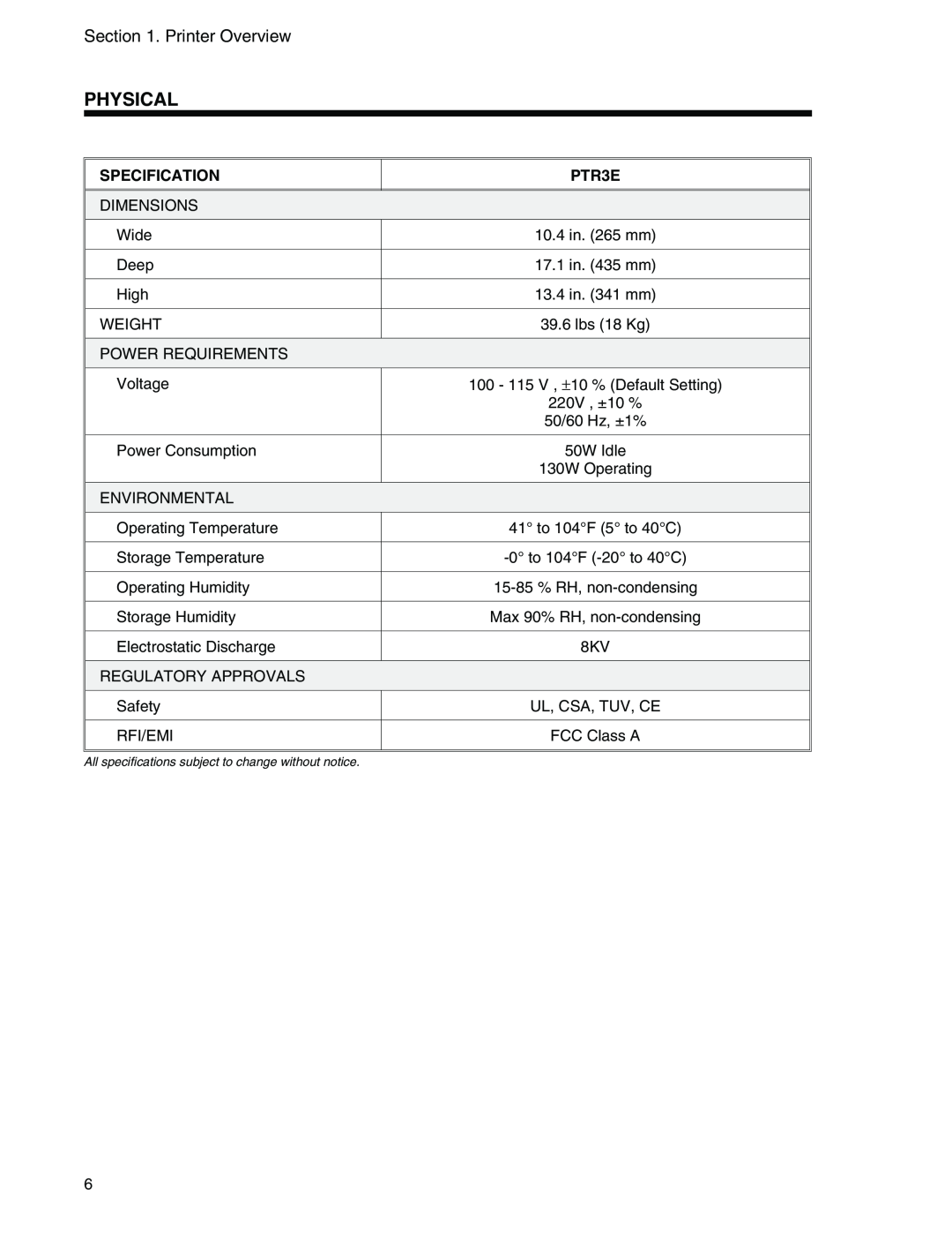 Panduit PTR3E manual Physical, Printer Overview, Specification 