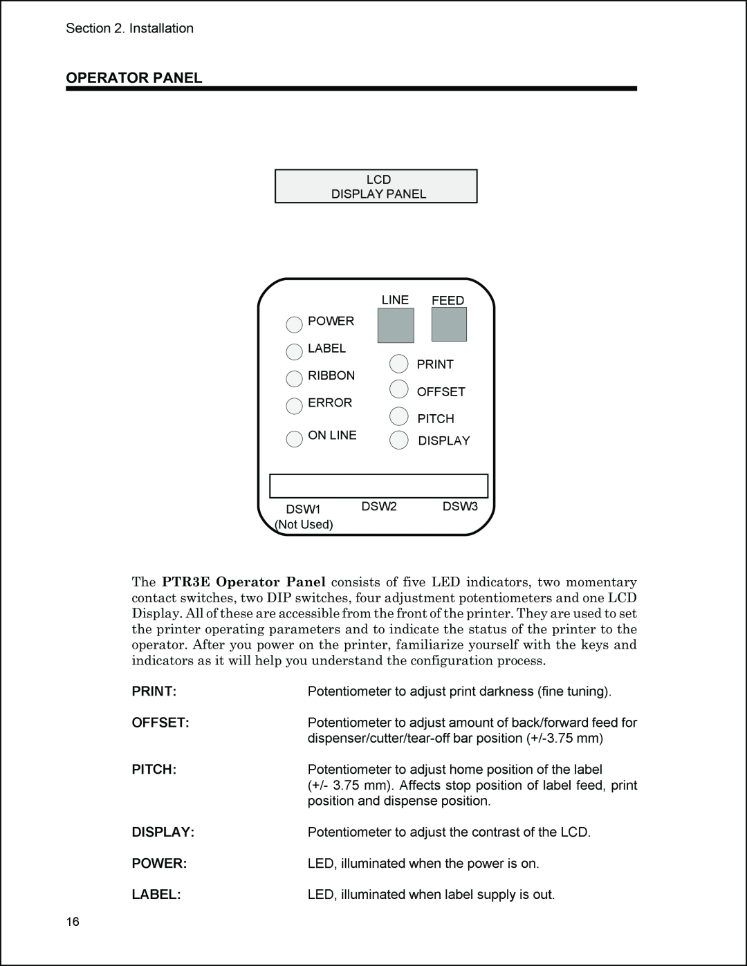 Panduit PTR3E manual Error, DSW2, Operator Panel, Label, DSW1, NotUsed 