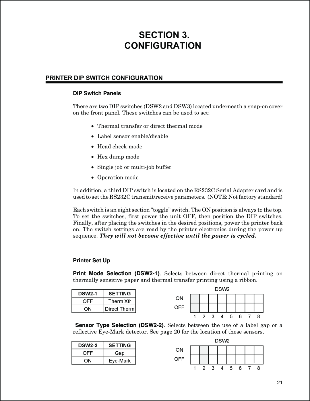 Panduit PTR3E Section Configuration, DSW2-1SETTING, Printer Dip Switch Configuration, DIP Switch Panels, Printer Set Up 