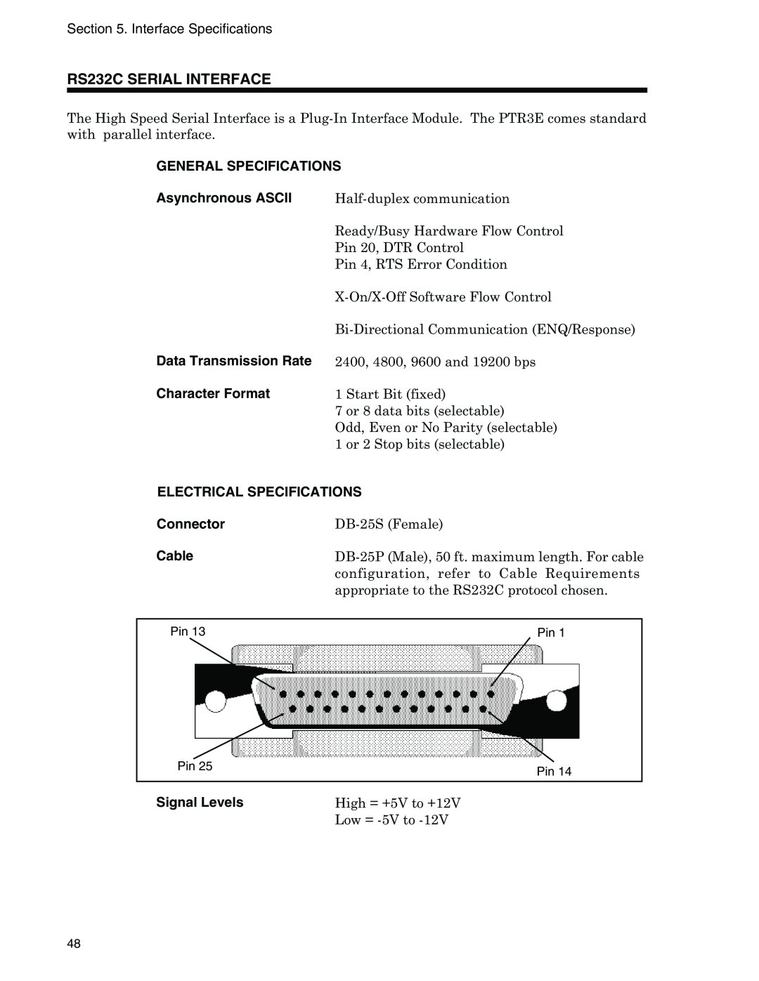 Panduit PTR3E manual RS232C SERIAL INTERFACE, General Specifications, Asynchronous ASCII, Data Transmission Rate, Connector 
