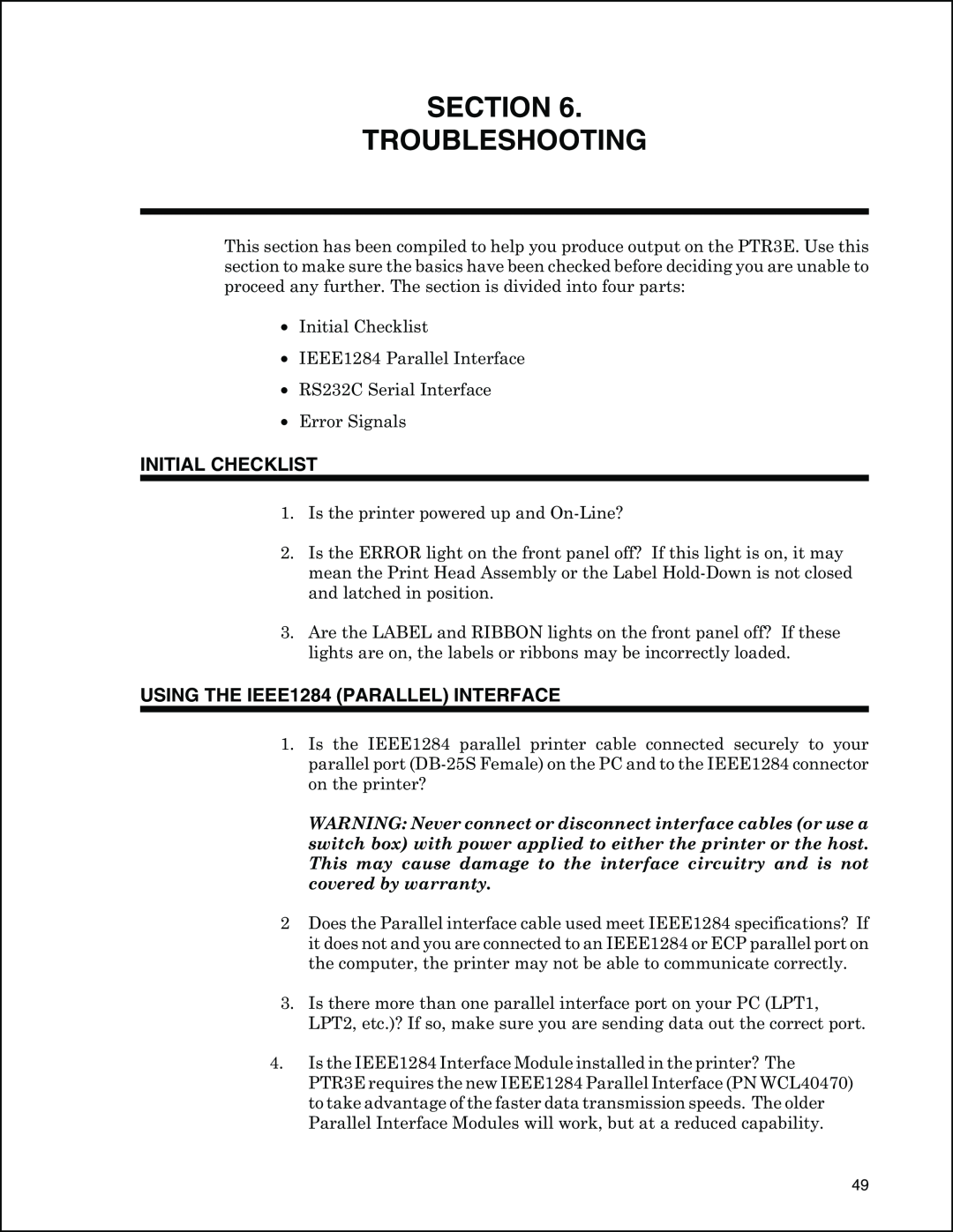 Panduit PTR3E manual Section Troubleshooting, Initial Checklist, USING THE IEEE1284 PARALLEL INTERFACE 