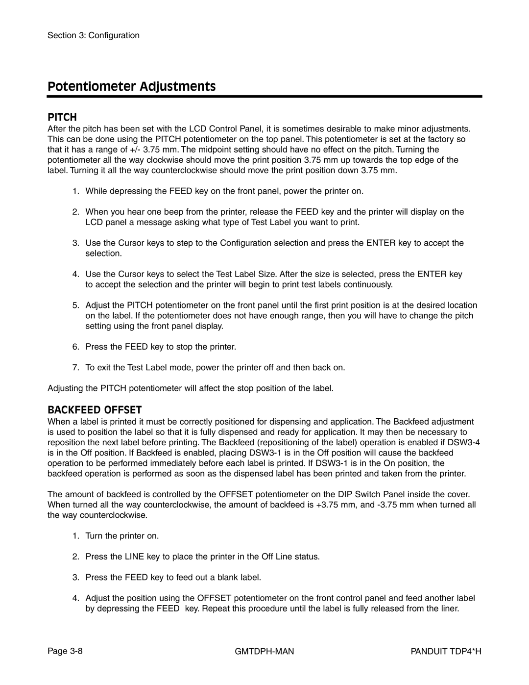 Panduit TDP42H, TDP43H, TDP46H manual Potentiometer Adjustments, Pitch, Backfeed Offset 
