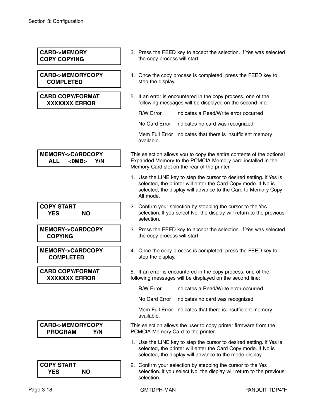 Panduit TDP46H, TDP43H, TDP42H manual CARD-MEMORY Copy Copying 