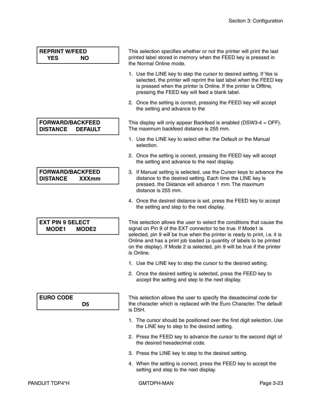 Panduit TDP42H, TDP43H Reprint W/FEED YES no FORWARD/BACKFEED Distance Default, EXT PIN 9 Select MODE1 MODE2 Euro Code 