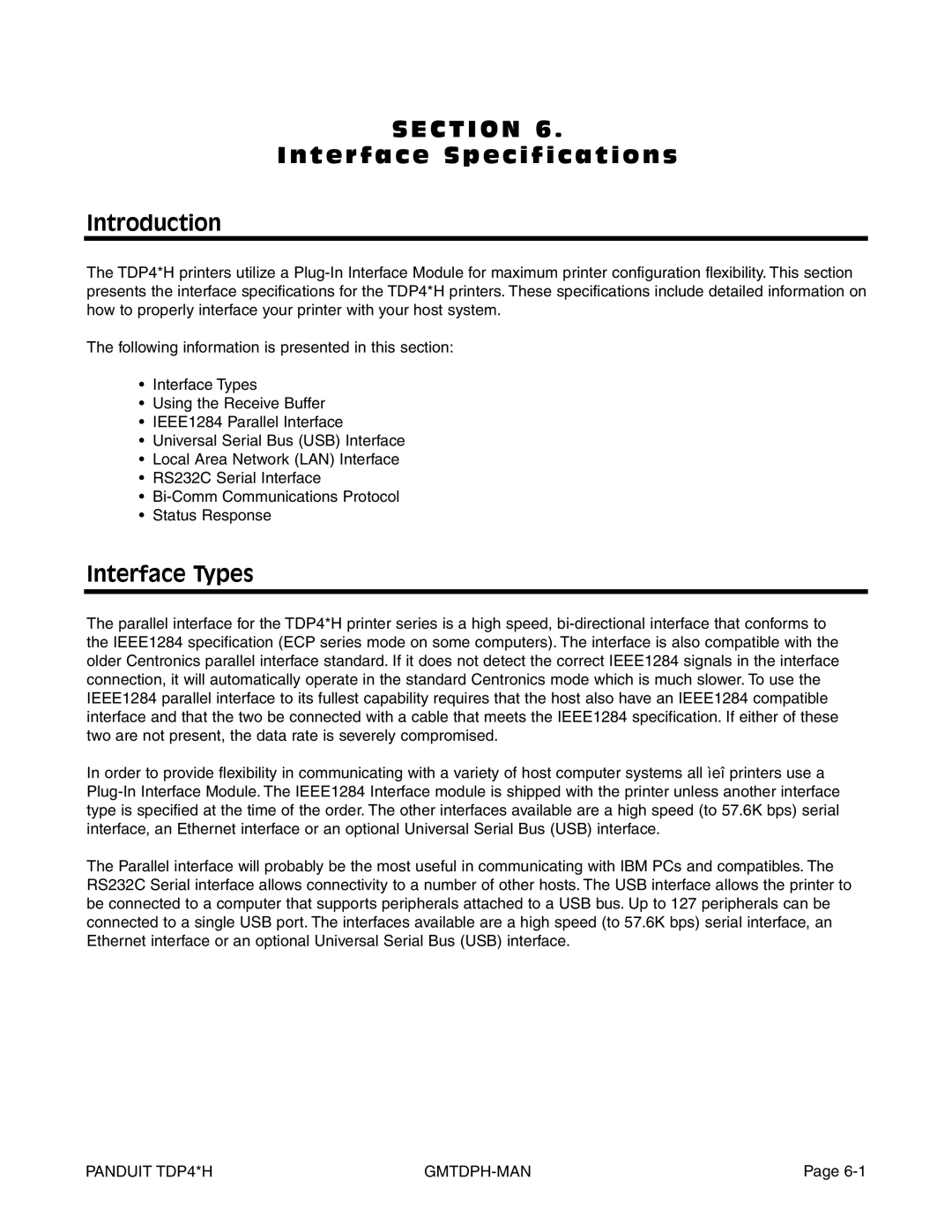 Panduit TDP42H, TDP43H, TDP46H manual C T I O N T e r f a c e Specification s Introduction, Interface Types 