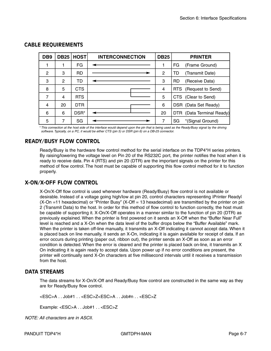 Panduit TDP42H, TDP43H, TDP46H manual Cable Requirements, READY/BUSY Flow Control, ON/X-OFF Flow Control 
