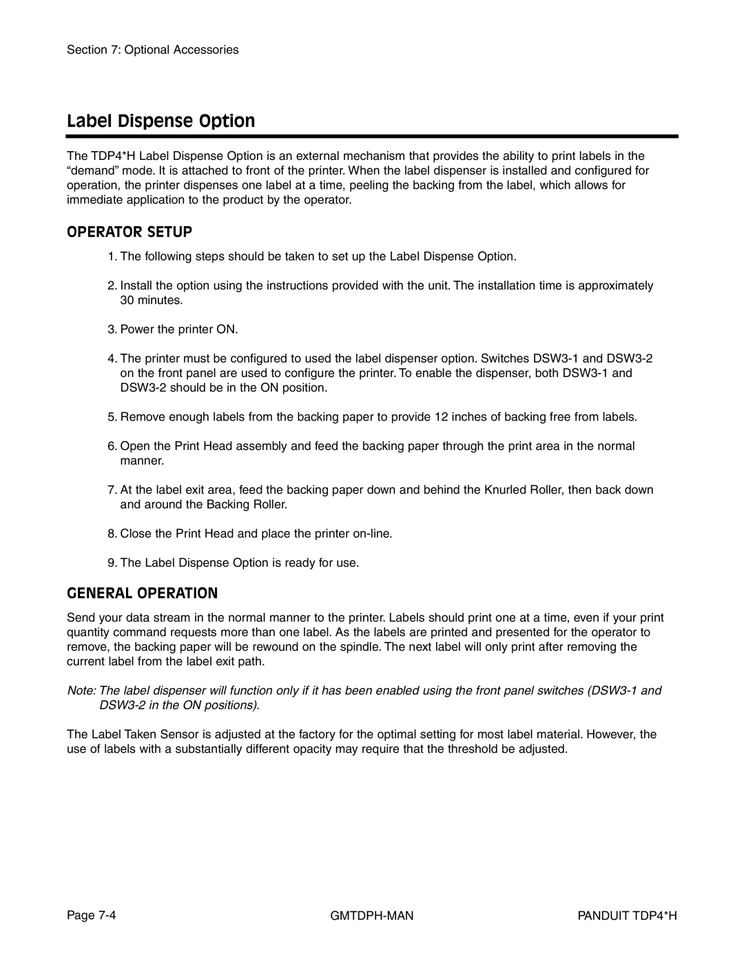 Panduit TDP46H, TDP43H, TDP42H manual Label Dispense Option 