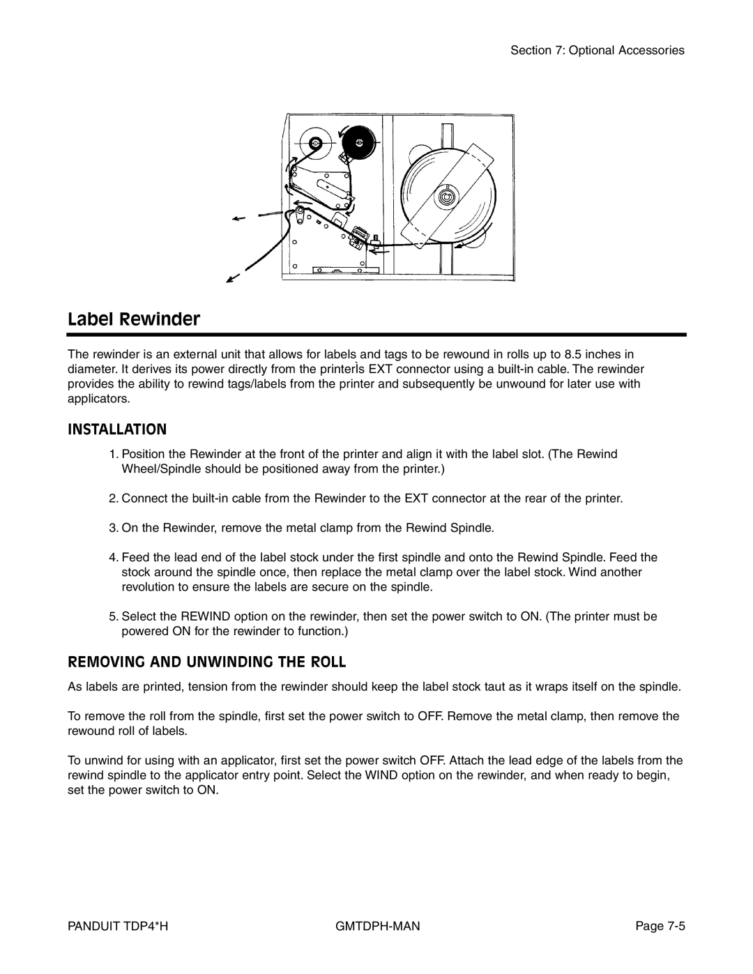 Panduit TDP43H, TDP42H, TDP46H manual Label Rewinder, Removing and Unwinding the Roll 