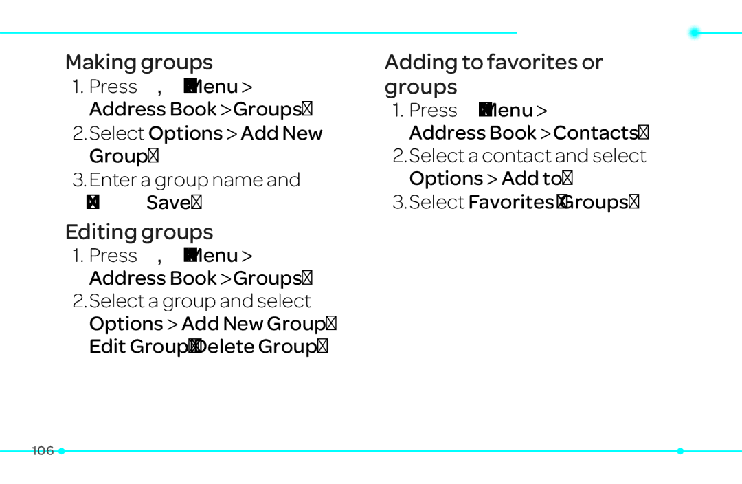 Pantech 4 manual Select Options Add New Group, Address Book Groups, Address Book Contacts, Select Favorites or Groups 