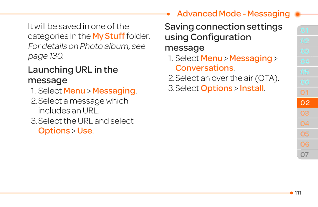 Pantech 4 Launching URL in the message, Saving connection settings using Configuration message, Select Options Install 