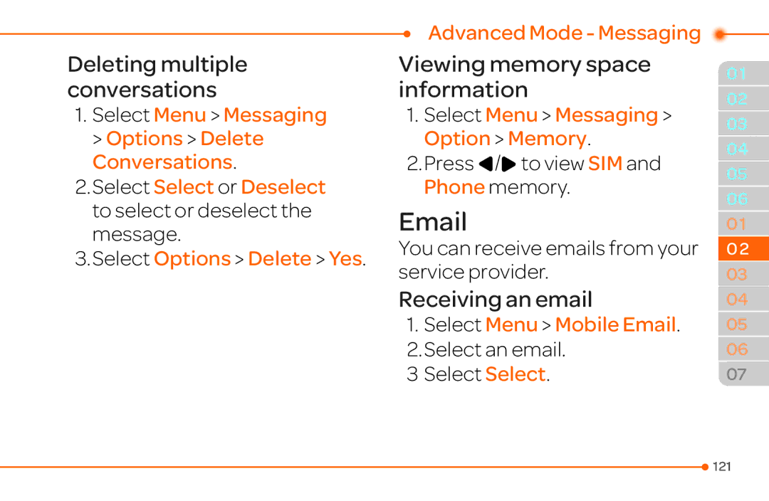 Pantech 4 Viewing memory space information, Select Select or Deselect, Select Options Delete Yes Advanced Mode Messaging 