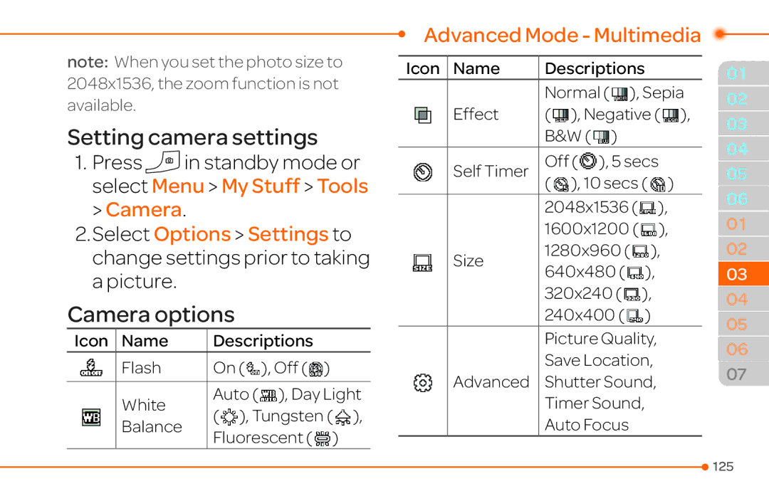 Pantech 4 manual Camera Select Options Settings to, Change settings prior to taking a picture, Advanced Mode Multimedia 