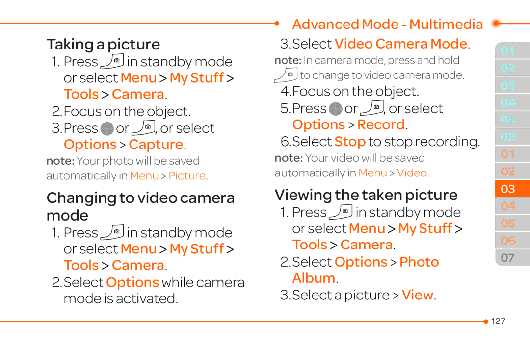 Pantech 4 manual Tools Camera, Options Capture, Advanced Mode Multimedia 3.Select Video Camera Mode, Options Record 