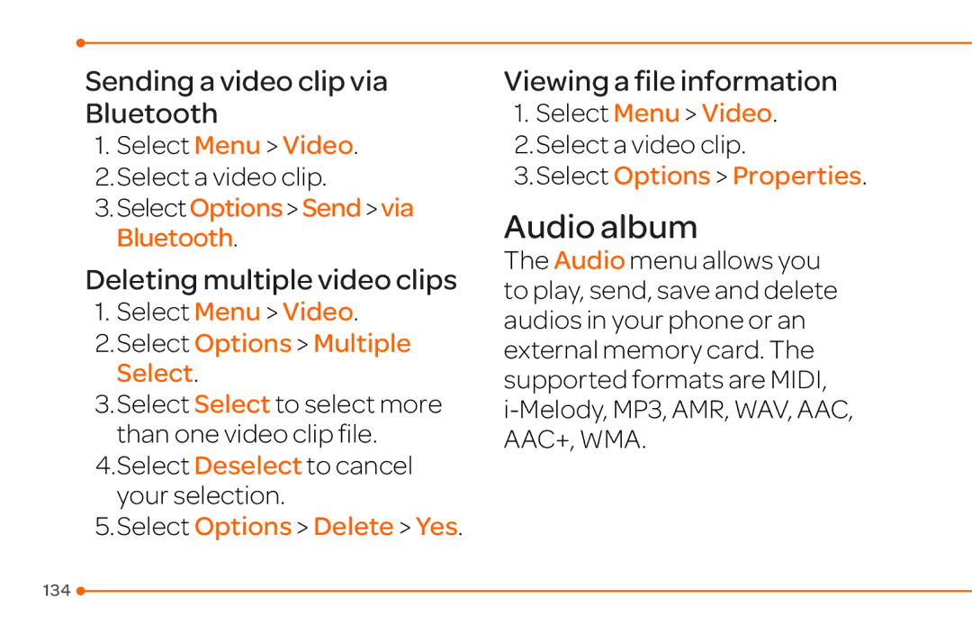 Pantech 4 manual Audio album, SelectOptionsSendvia Bluetooth, Select Menu Video Select Options Multiple Select 