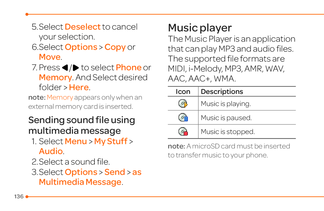 Pantech 4 manual Music player, Sending sound file using multimedia message, Select Options Copy or Move 