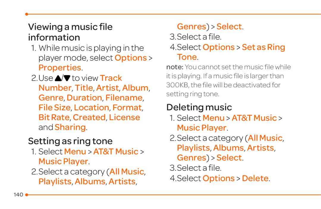 Pantech 4 Viewing a music file information, Setting as ring tone, Deleting music, Genres Select, Select Options Delete 