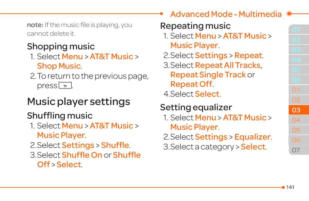 Pantech 4 manual Music player settings, Shopping music, Shuffling music, Repeating music, Setting equalizer 