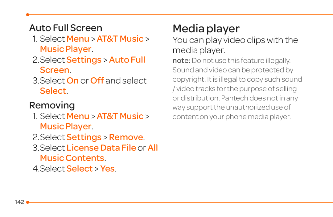 Pantech 4 manual Media player, Auto Full Screen, Removing 