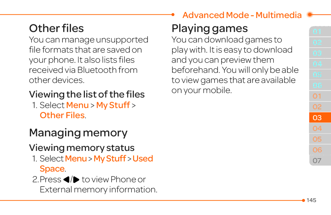 Pantech 4 manual Other files, Managing memory, Playing games, Viewing the list of the files, Viewing memory status 