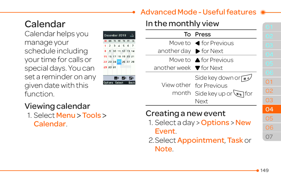 Pantech 4 manual Select Menu Tools Calendar Advanced Mode Useful features, Select a day Options New Event 