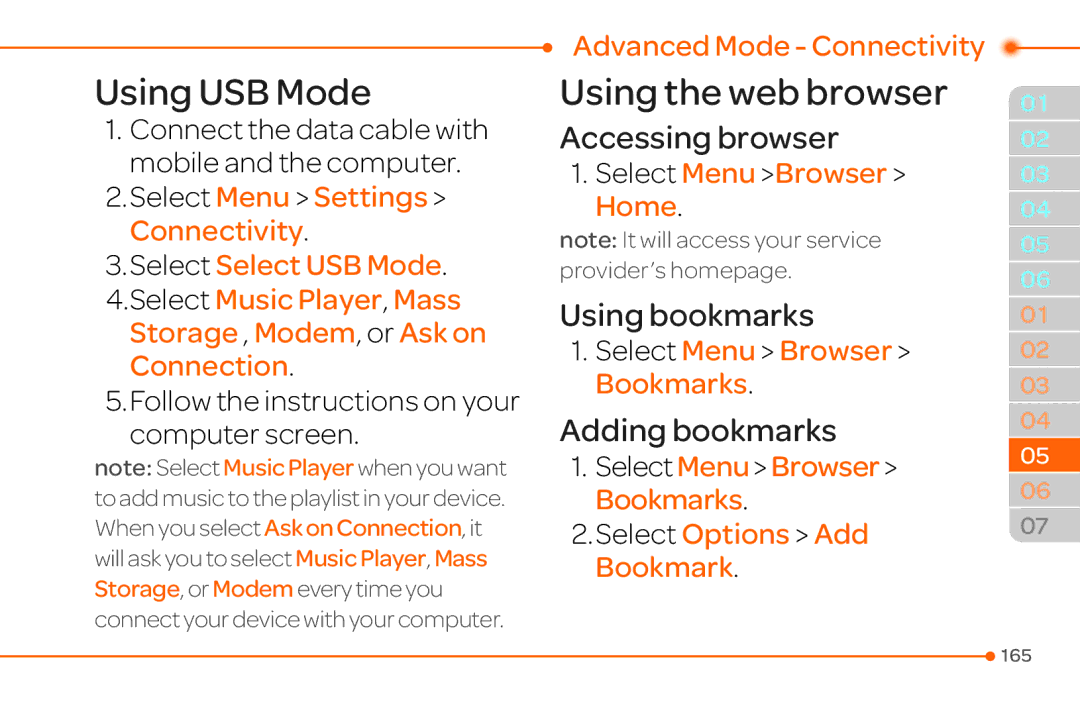 Pantech 4 manual Using USB Mode, Select Menu Browser Home, Select Menu Browser Bookmarks, SelectMenuBrowser Bookmarks 