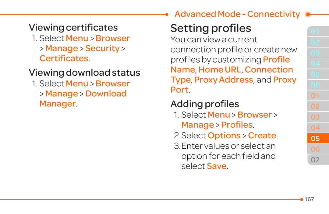 Pantech 4 manual Setting profiles, Adding profiles, Select Menu Browser Manage Security Certificates 