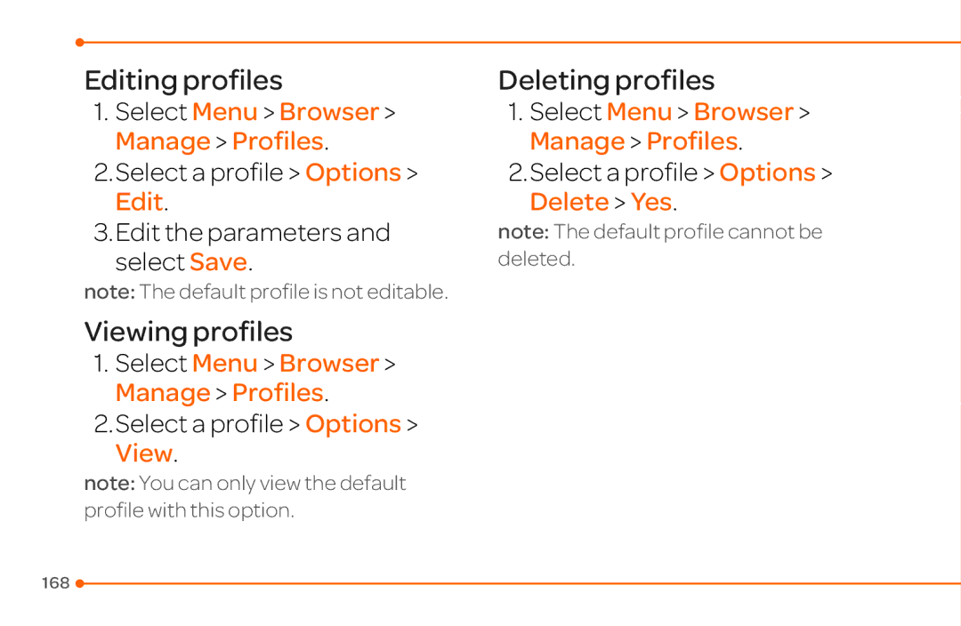 Pantech 4 manual Editing profiles, Viewing profiles, Deleting profiles, Select Menu Browser Manage Profiles 