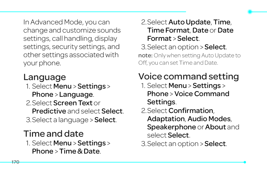 Pantech 4 manual Time and date, Select Menu Settings Phone Language, Select a language Select 