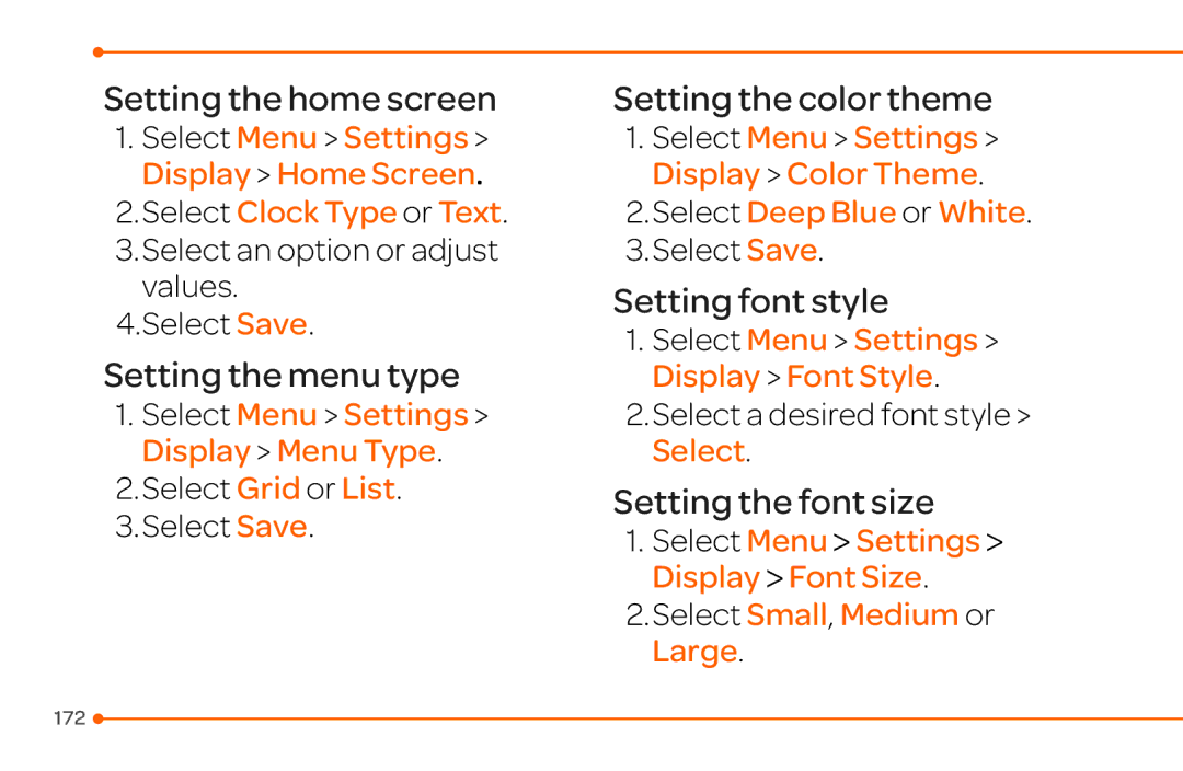 Pantech 4 manual Setting the home screen, Setting the menu type, Setting the color theme, Setting font style 