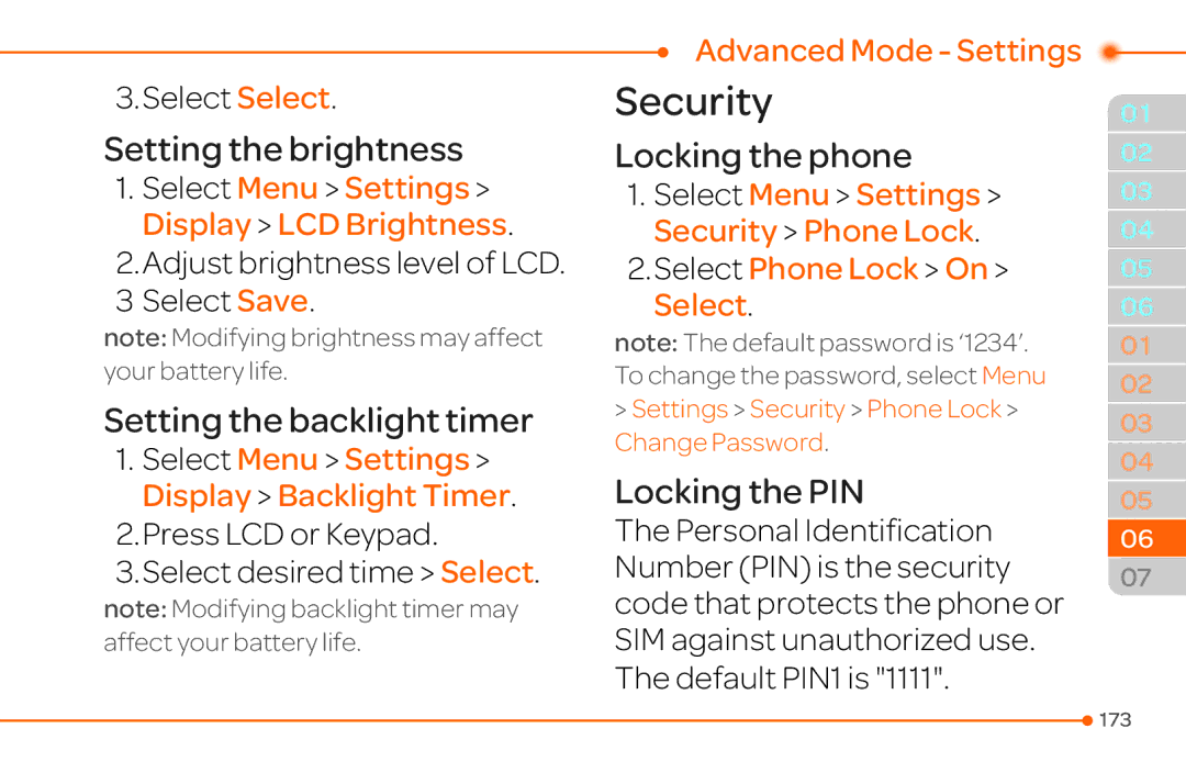 Pantech 4 manual Security, Setting the brightness, Setting the backlight timer, Locking the phone, Locking the PIN 