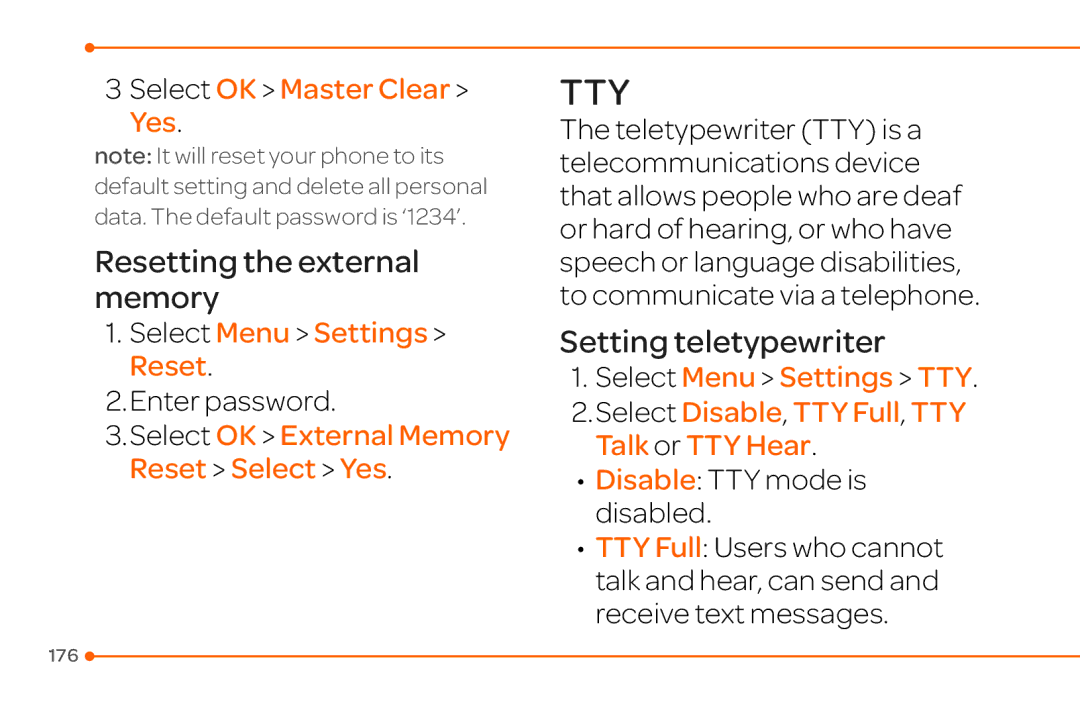 Pantech 4 Resetting the external memory, Setting teletypewriter, Select OK Master Clear Yes, Disable TTY mode is disabled 