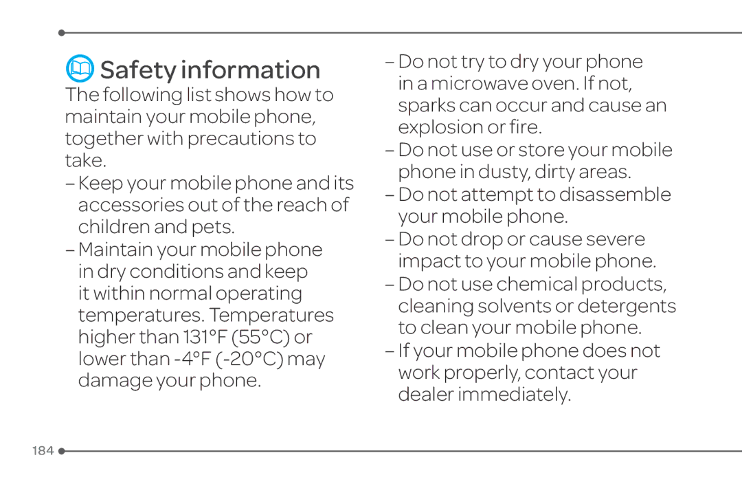 Pantech 4 manual Safety information, Do not drop or cause severe impact to your mobile phone 