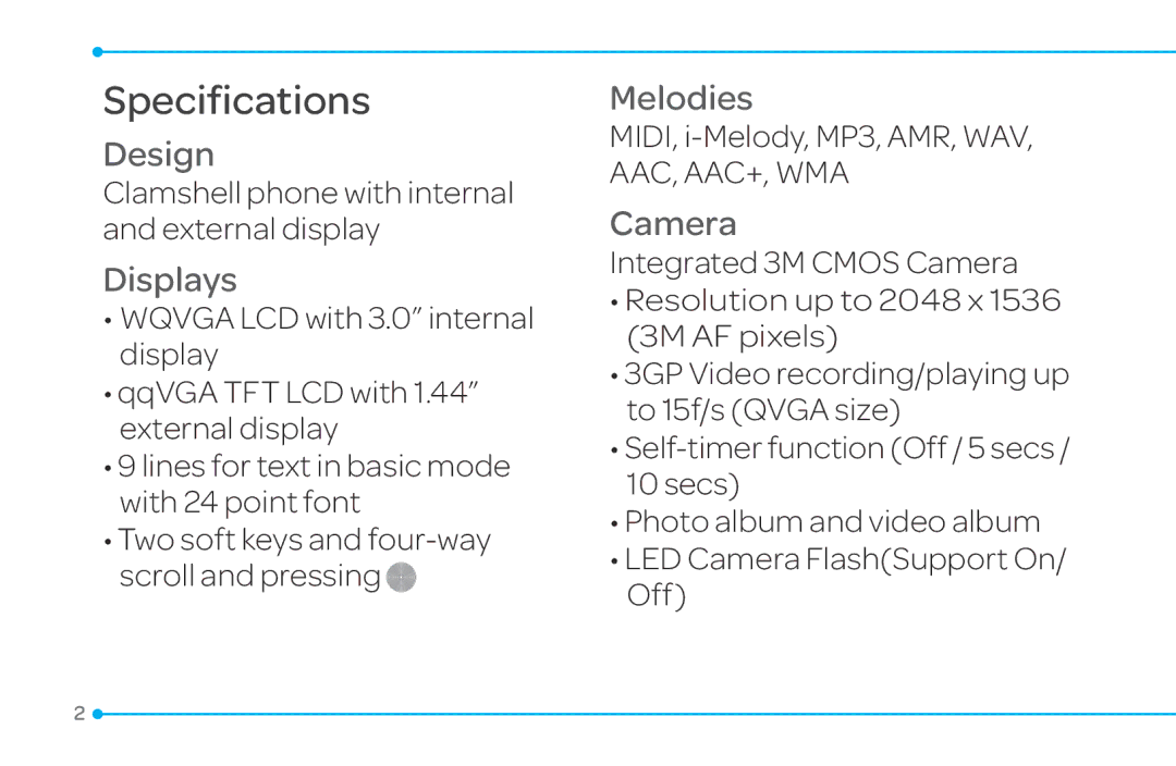 Pantech 4 manual Specifications, Clamshell phone with internal and external display 