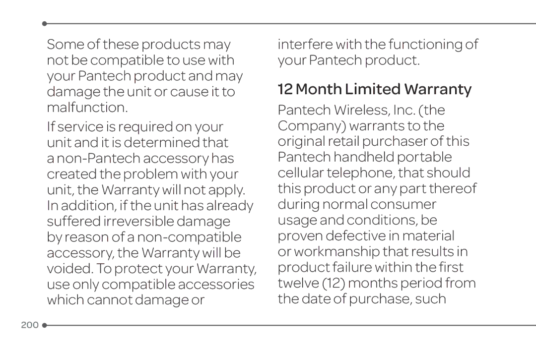 Pantech 4 manual Month Limited Warranty, Interfere with the functioning of your Pantech product 