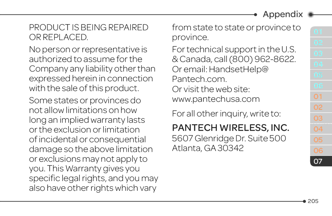 Pantech 4 manual Pantech.com For all other inquiry, write to, Glenridge Dr. Suite 500 Atlanta, GA 