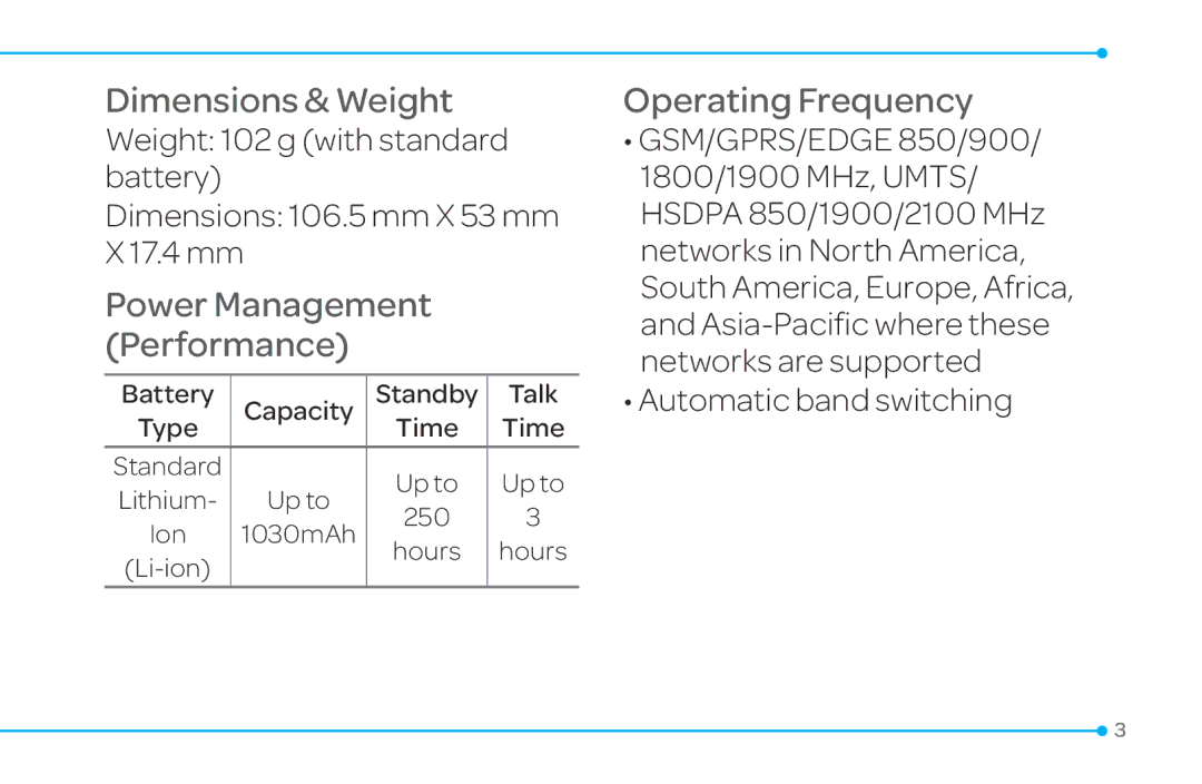 Pantech 4 manual Operating Frequency, Automatic band switching 