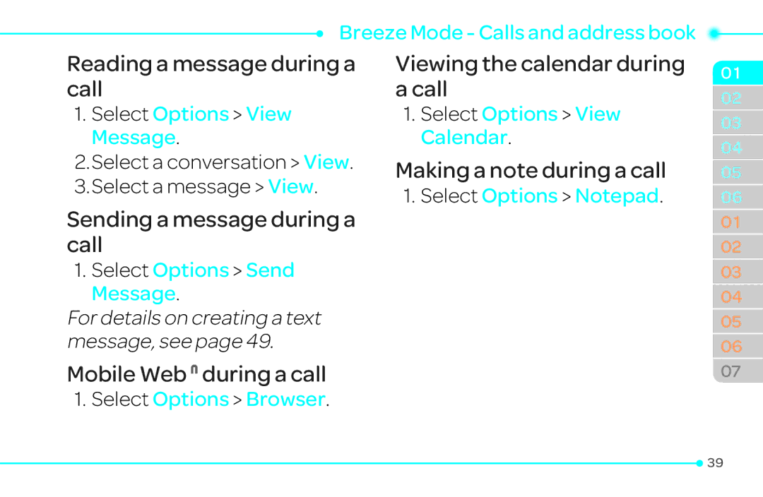 Pantech 4 manual Reading a message during a call, Sending a message during a call, Viewing the calendar during Call 