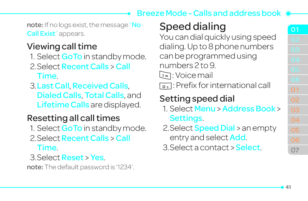 Pantech 4 manual Speed dialing, Viewing call time, Resetting all call times, Setting speed dial, Select Reset Yes 