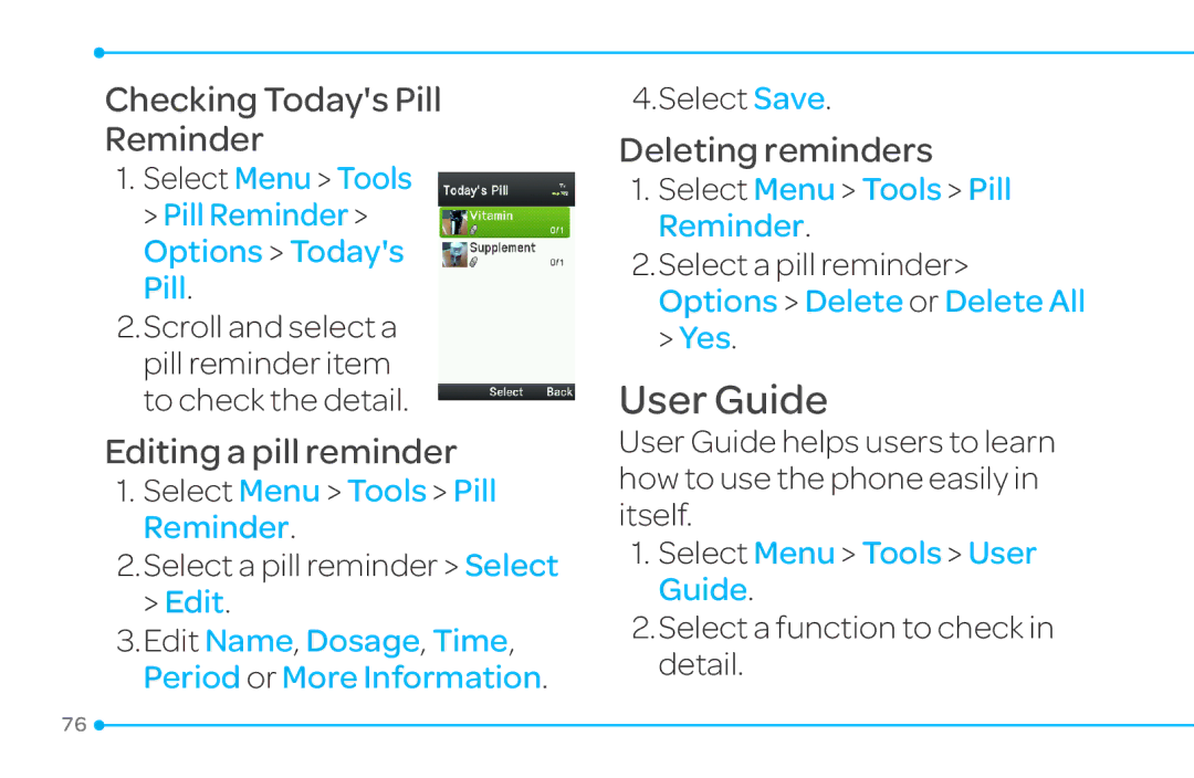 Pantech 4 manual User Guide, Checking Todays Pill Reminder, Editing a pill reminder, Deleting reminders 