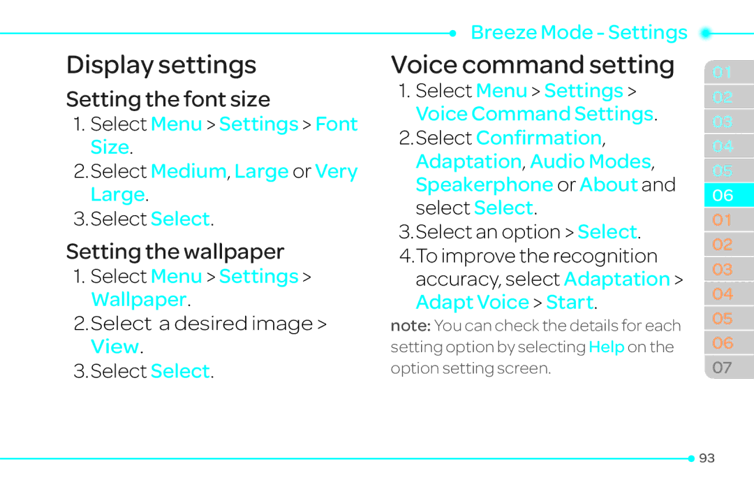 Pantech 4 manual Display settings, Voice command setting, Setting the font size, Setting the wallpaper 