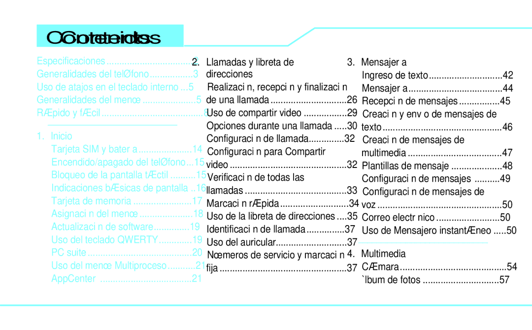 Pantech 4160292, 5U000249C0A manual ContenidosContents 