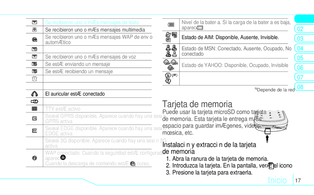 Pantech 5U000249C0A, 4160292 manual Tarjeta de memoria, Instalación y extracción de la tarjeta de memoria 