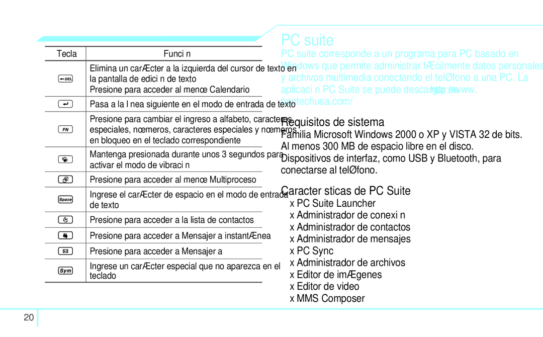 Pantech 4160292 manual Requisitos de sistema, Características de PC Suite, Tecla, Presione para acceder al menú Calendario 