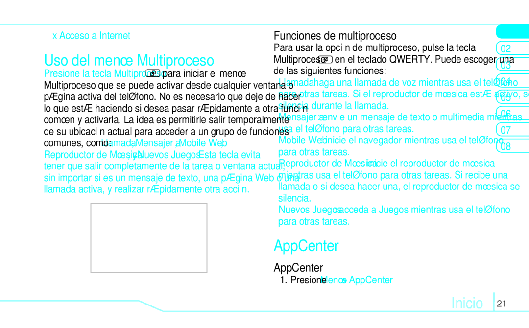 Pantech 5U000249C0A, 4160292 manual Uso del menú Multiproceso, AppCenter, Funciones de multiproceso,  Acceso a Internet 